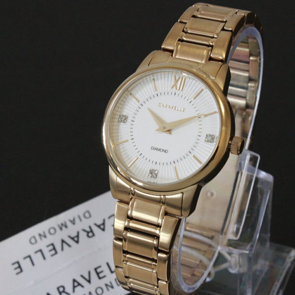 Caravelle Ladies Casual Watch By Bulova Diamond Accents Gold Tone 30mm - Picture 5 of 13